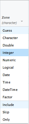 The drop-down menu for the "Zone" column