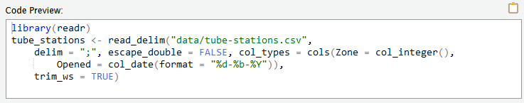 The final appearance of the code in the import dialog box