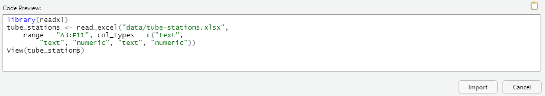 The final appearance of the code from the dialog box, from Excel