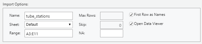 The final appearance of the Import Options in the dialog box, from Excel